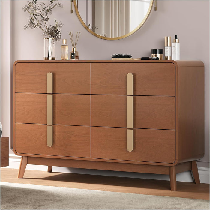 JOINICE Dresser for Bedroom with 6 Drawers,Mid Century Modern Dresser with Storage,47" Wide Chest of Drawers with Metal Handles,Large Wood Drawer Organizer for Bedroom,Living Room,Hallway,Cherry