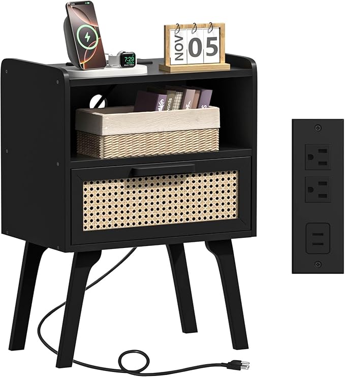 Lerliuo Rattan Nightstand with Charging Station, Black Bedside Table with Dra...