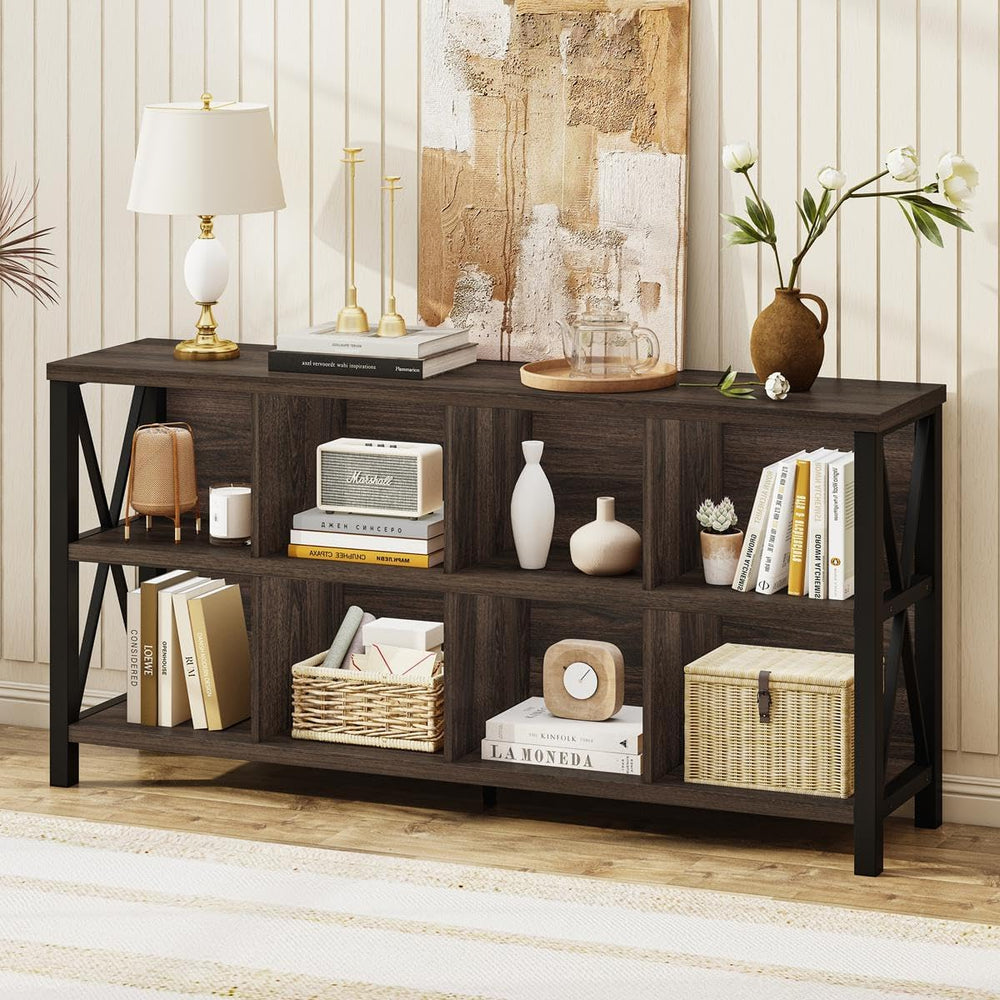 8 Cube Storage Organizer Bookshelf, 62 Inch Rustic Wood Horizontal Bookcase, ...