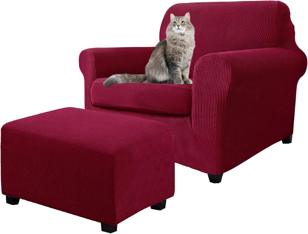 3 Piece Stretch Matching Chair and Ottoman Slipcover Set, Jacquard Arm Chair/...
