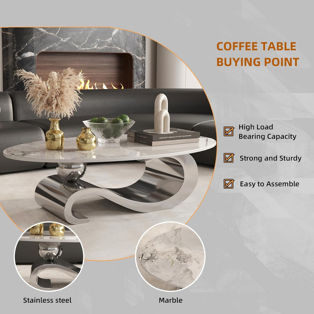 52" Oval Marble Coffee Table for Living Room, Modern Stainless Steel Sil...