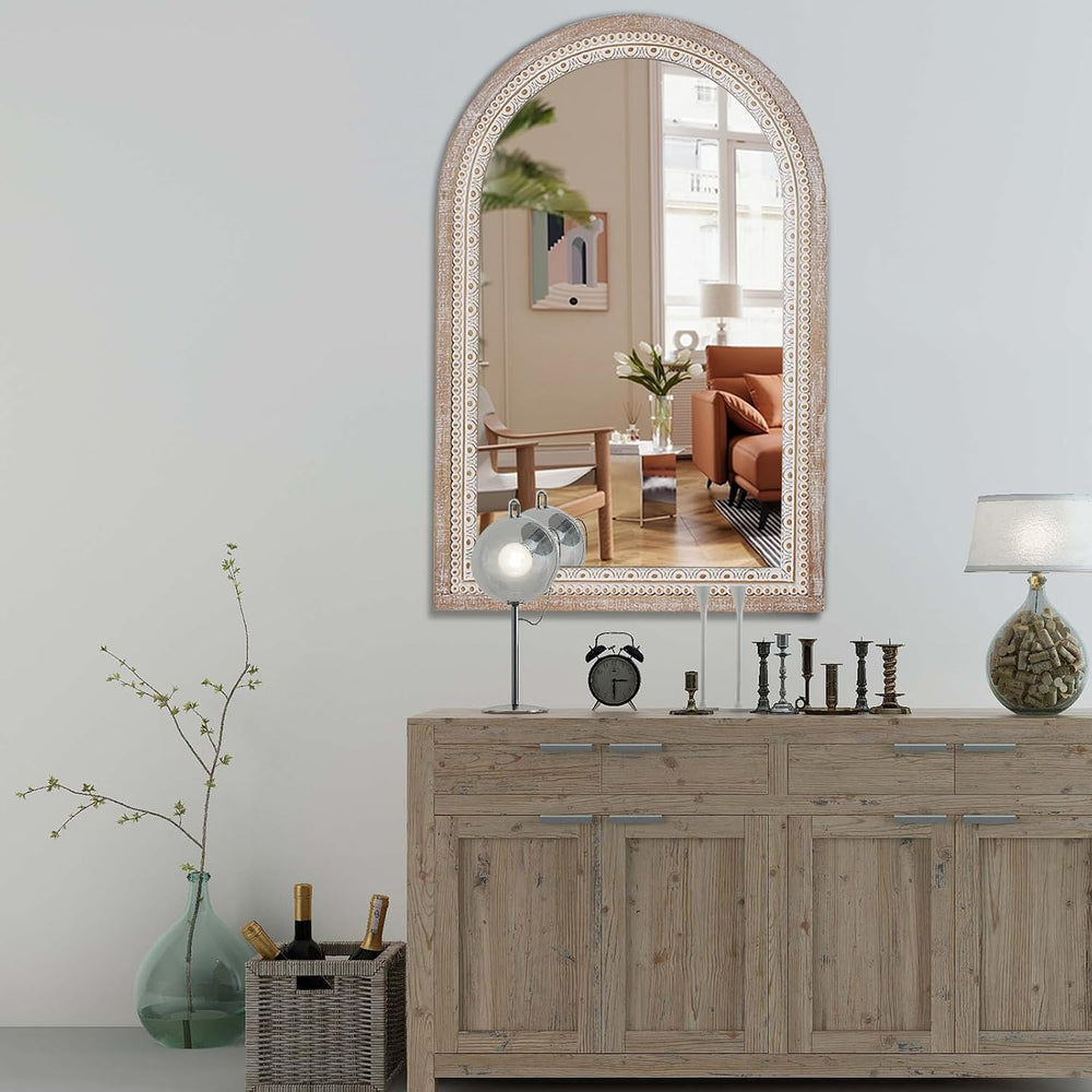 36x24 Inch Arched Mirror for Wall, Wooden Rustic Farmhouse Arch Mirrors