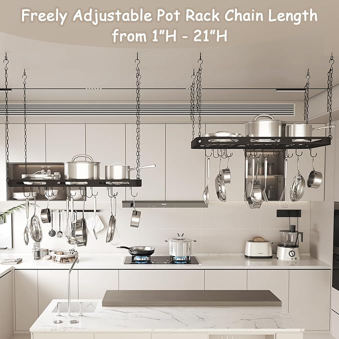 33” Pots and Pans Hanging Rack, Heavy-duty Metal Square Kitchen Ceiling Pot Rack