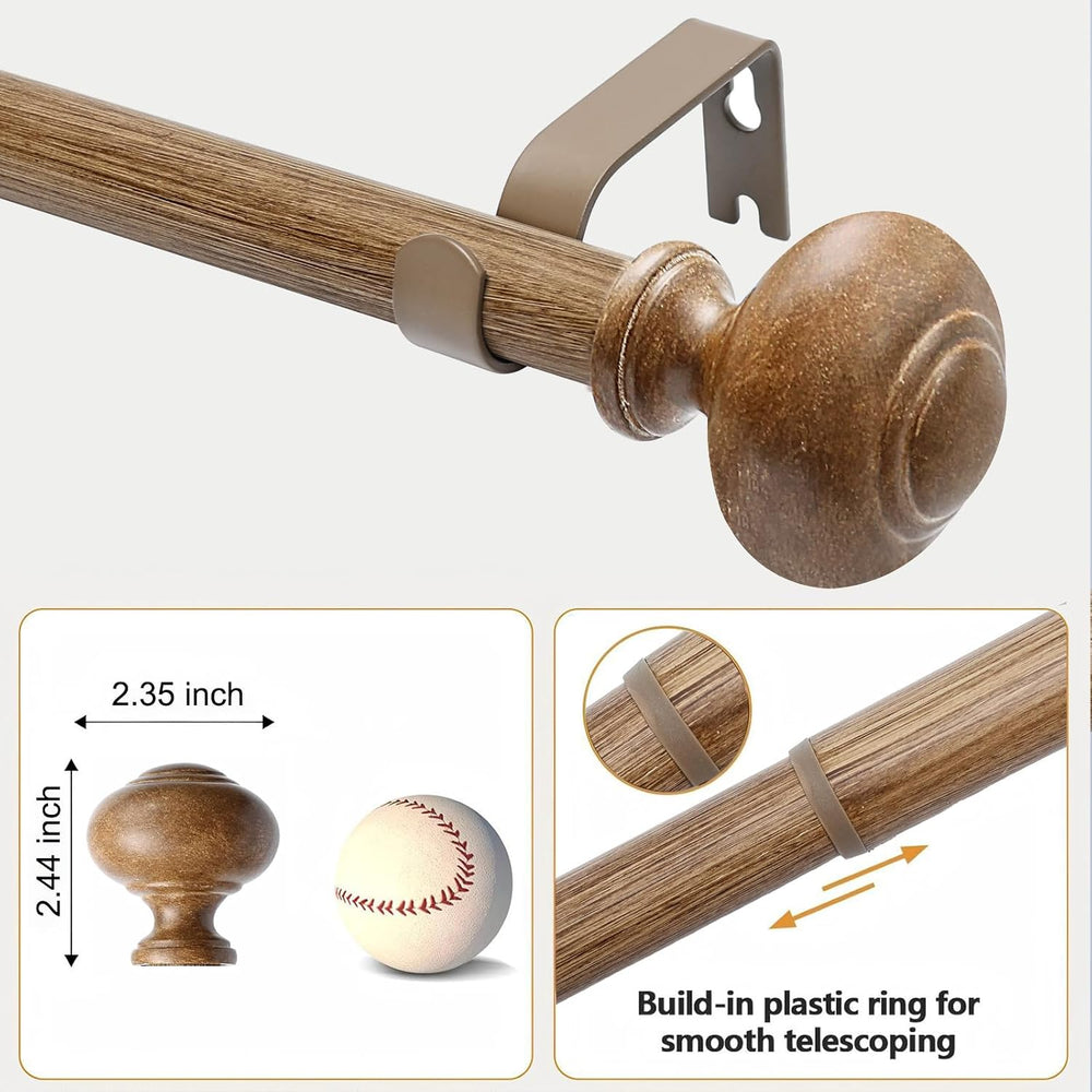 1 Pack Boho Rustic Adjustable Wood Curtain Rod 32-88 Inch, Wood
