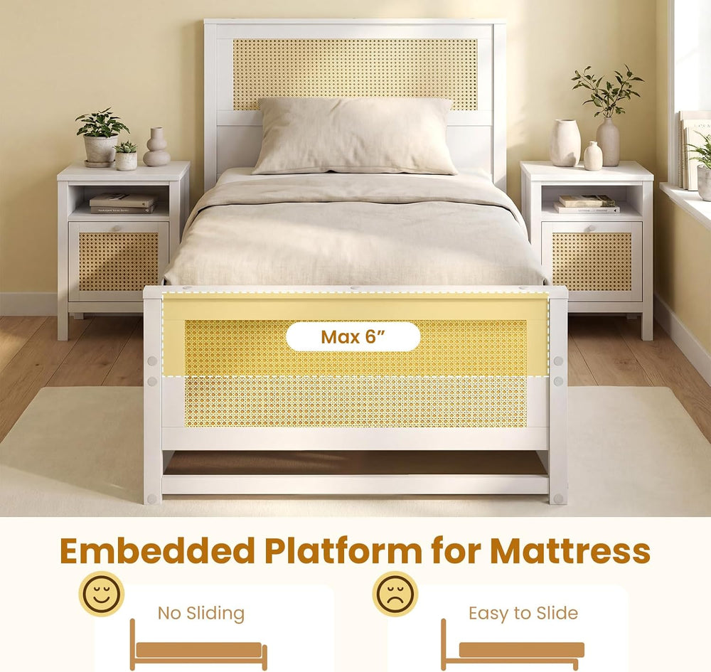 KOMFOTT Twin Rattan Bed Frame with 2 Storage Drawers, Boho Wooden Platform Be...