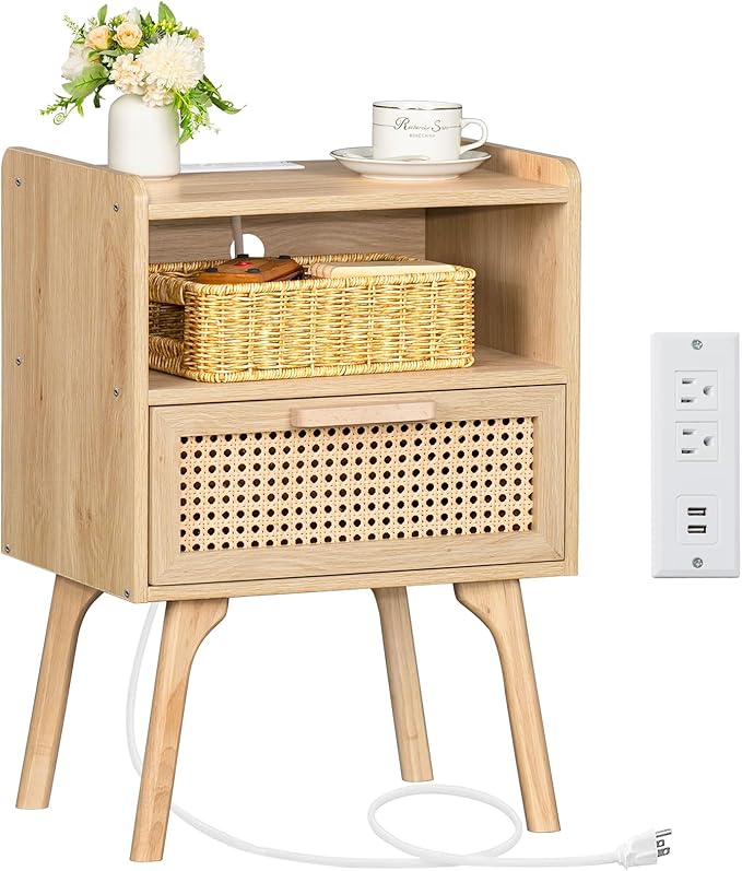 Lerliuo Rattan Nightstand with Charging Station, Boho Side Table with Drawer ...