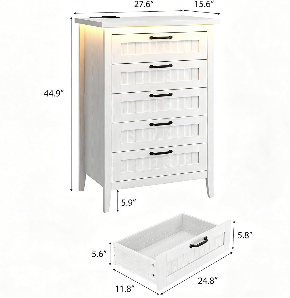 Garvee 44.9'' Tall 5 Drawer Dresser with Power Outlet & LED Lights