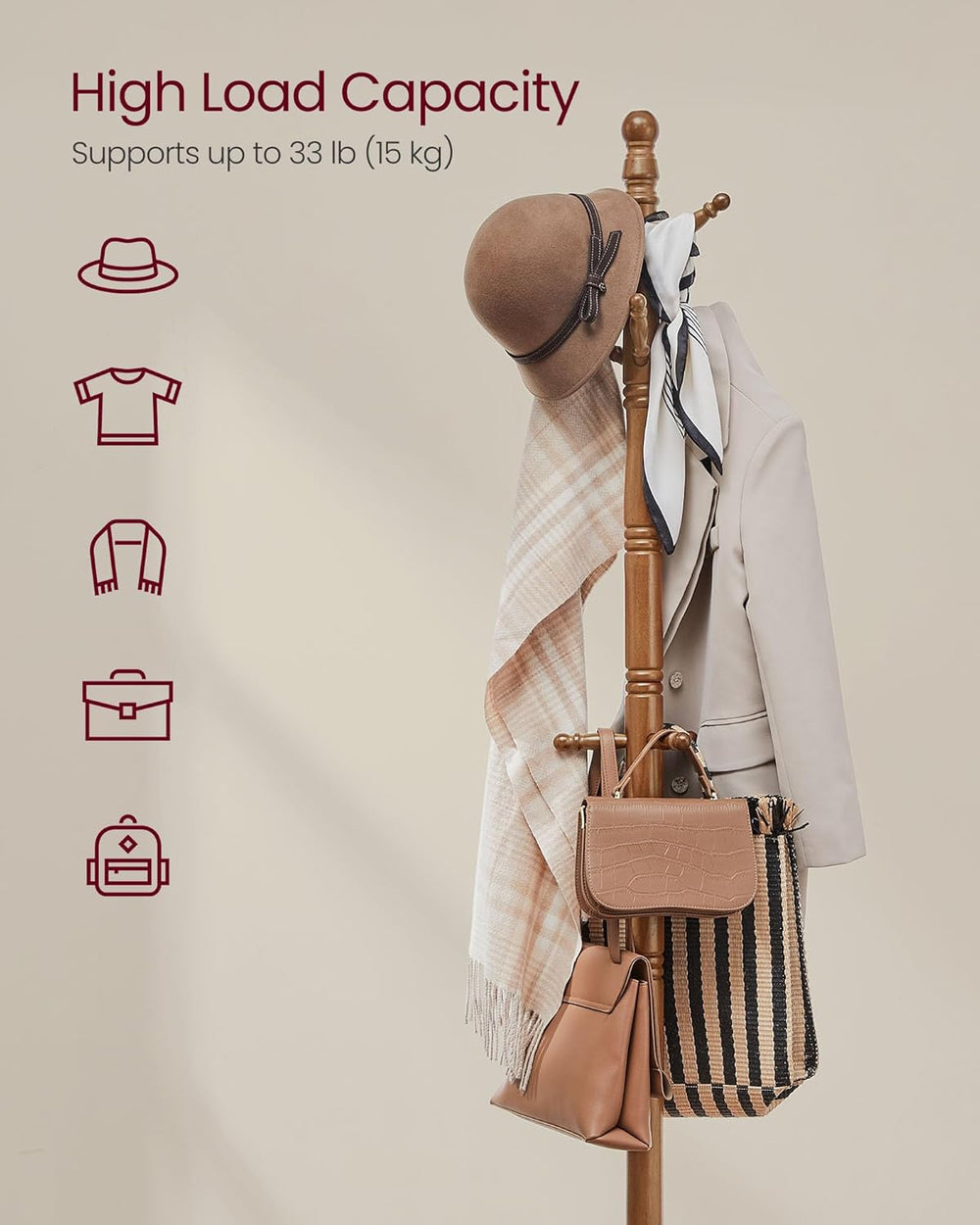 VASAGLE Solid Wood Coat Rack and Stand, Free Standing Hall Coat Tree with 10 ...