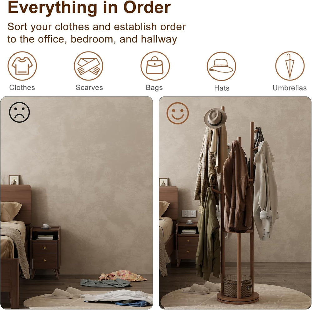 Muwuele Solid Wood Rotary Coat Rack, Freestanding Coat Rack with 3 Shelves an...