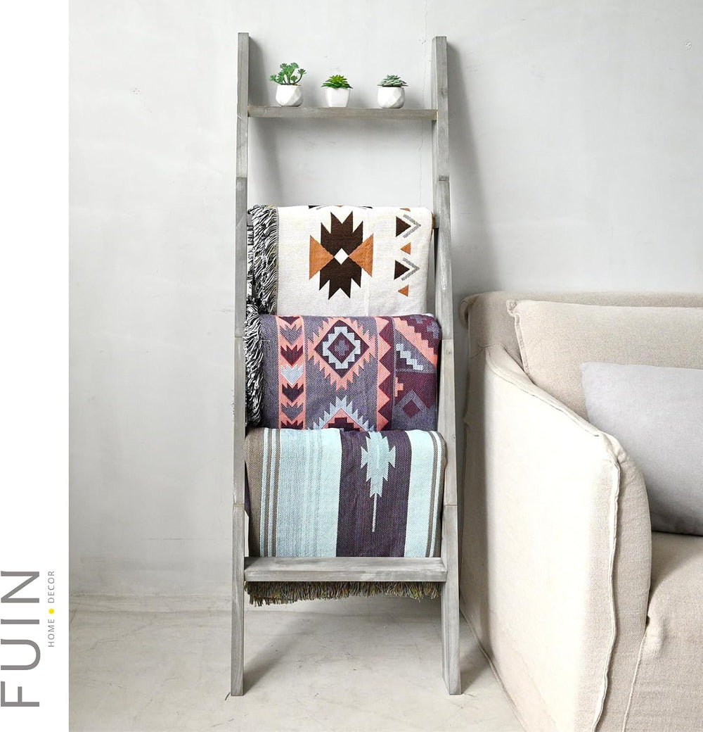 Blanket Ladder, 5ft Rectangle Rung Rustic Solid Wood Decor Rack, Grey | 5 run...