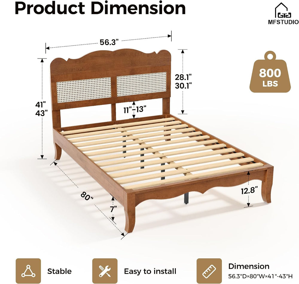 MFSTUDIO Wood Bed Frame Full Size with Adjustable Rattan Headboard