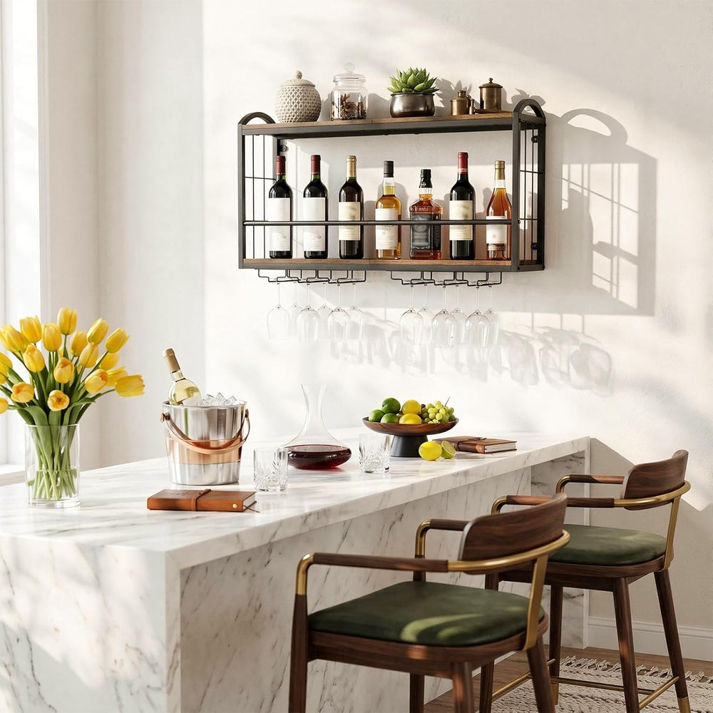 Wall Mounted Wine Rack, Floating Bar Shelf with 2 Tier Wood Shelves and Wine ...