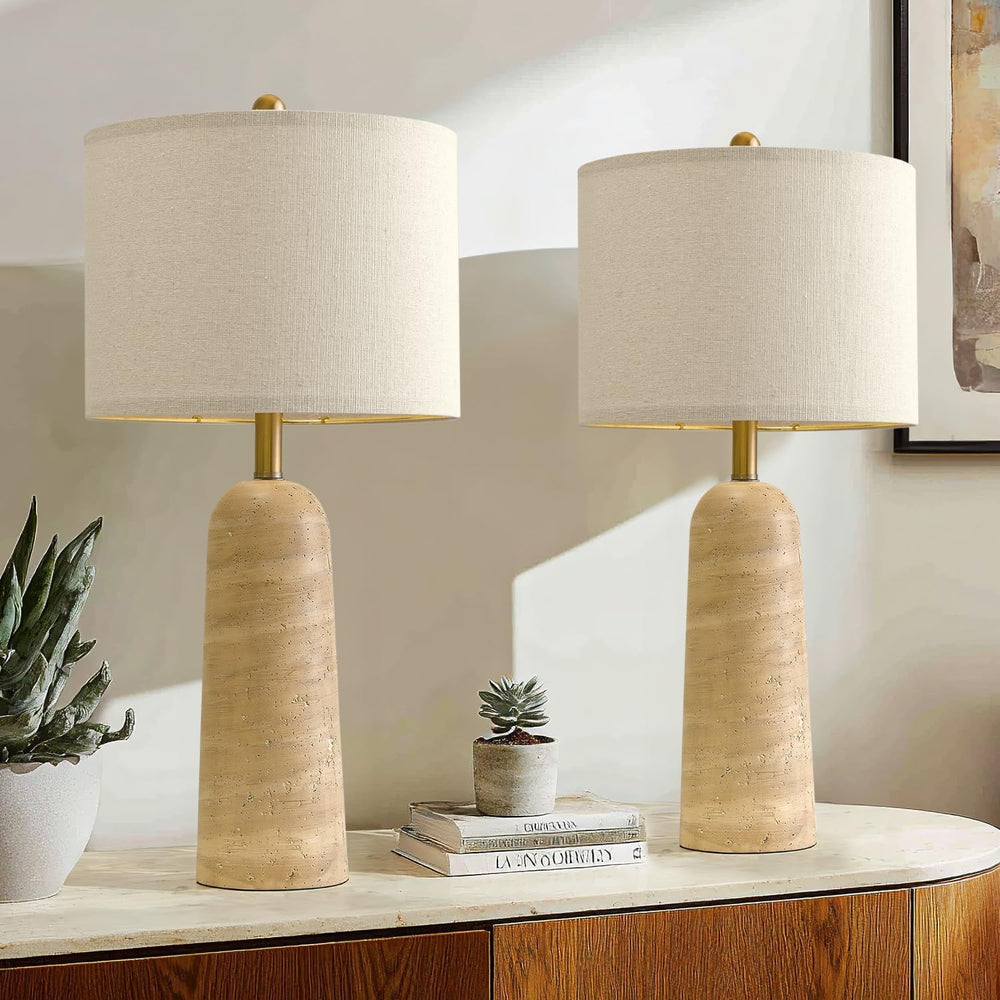BOBOMOMO Modern Table Lamp Set of 2, Warm Beige Resin Lamp with Natural Stone...