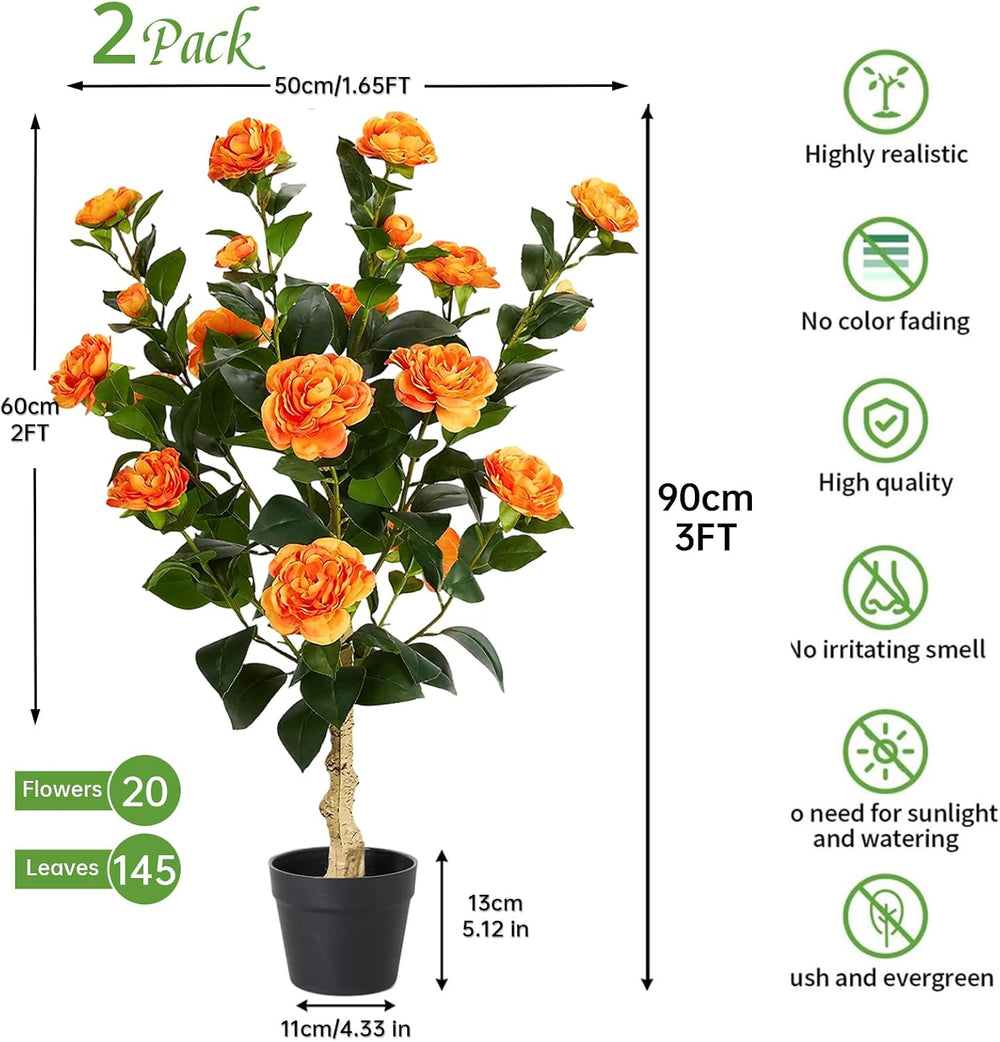 Grelen 2 Pack Artificial Flowers Camellia,Fake Plants for Outdoors,3FT