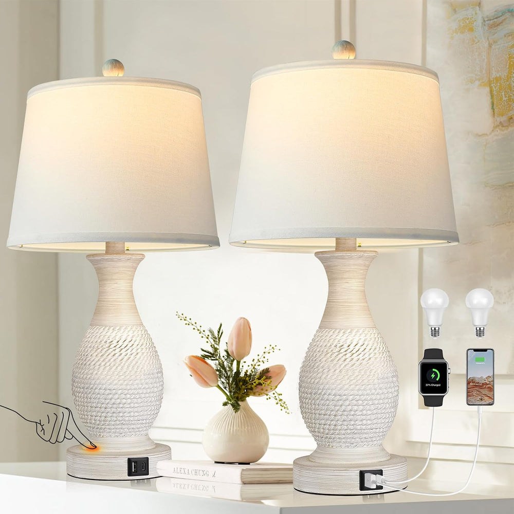 PARTPHONER Table Lamps Set of 2, Bedside Touch Lamp with USB C+A Charging Por...