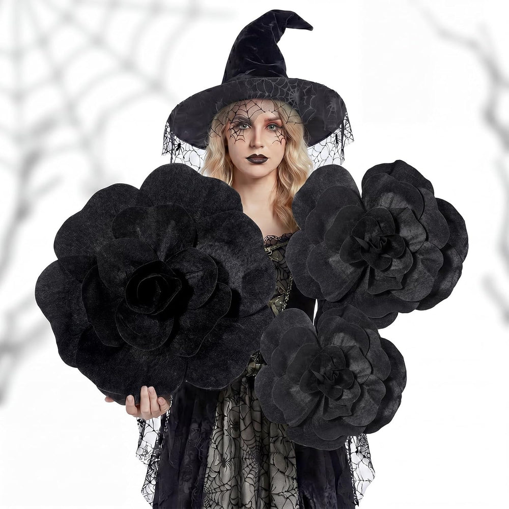 Norme 3 Pcs Giant Black Artificial Flowers Roses Velvet, 12, 16, 20 Inch