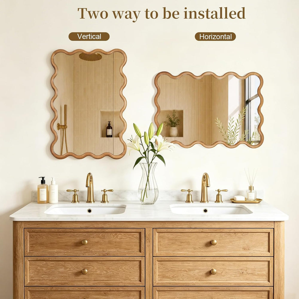 28"x40" Wavy Wood Mirror, Rectangular Wall Mirror with Natural Wood...