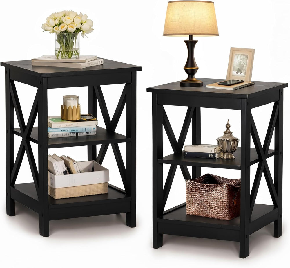 PHI VILLA Black End Table, Side Table for Living Room Set of 2, Nightstand/Be...
