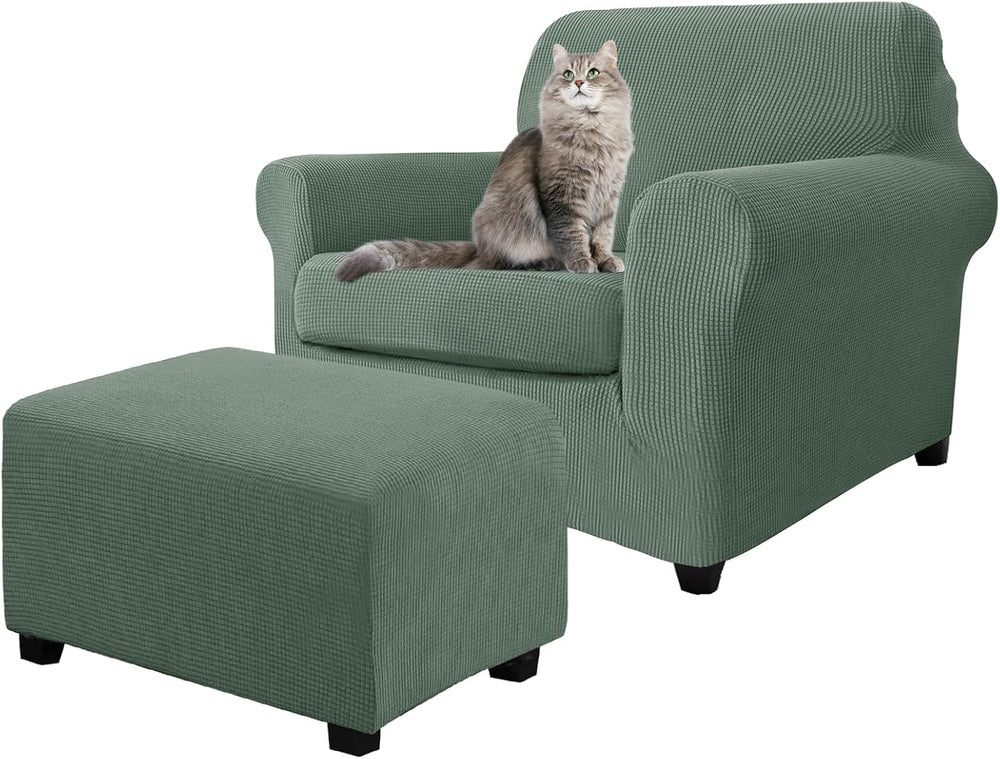 3 Piece Stretch Matching Chair and Ottoman Slipcover Set, Jacquard Arm Chair/...