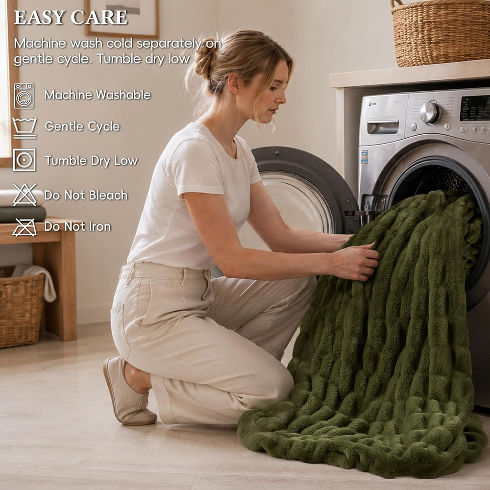 David's Home Double-Sided Faux Rabbit Fur Ruched Throw Blanket, Winter Moss