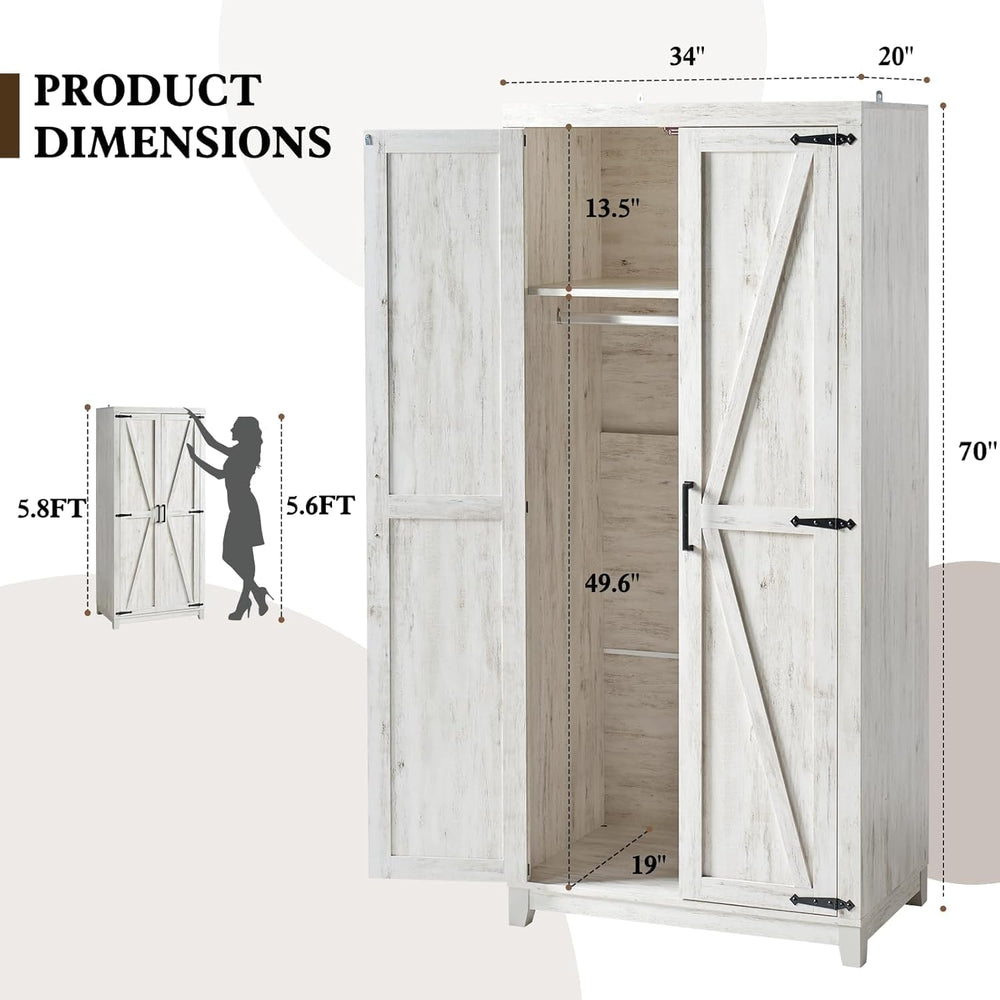 LUXOAK 70" Farmhouse Wardrobe Closet Set of 2 with Hanging Rod & Bar...