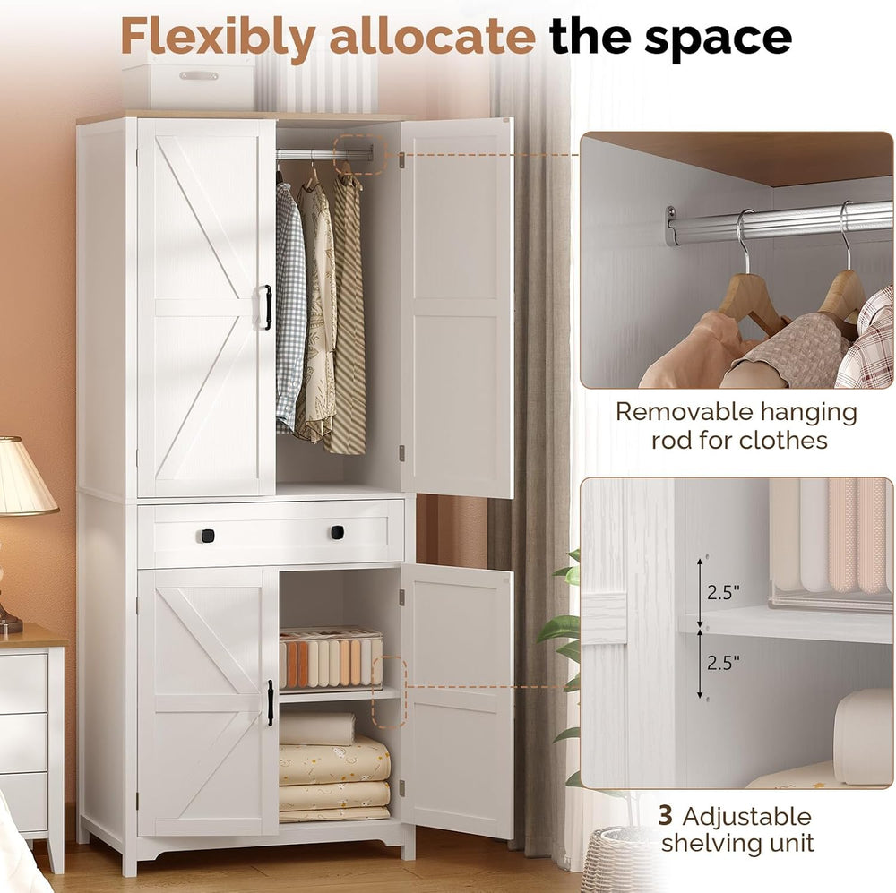 VINGLI Farmhouse Armoire Wardrobe Closet with 4 Doors and 1 Drawer, White
