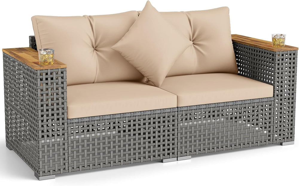 Tangkula 62.5" Patio Wicker Loveseat with Acacia Wood Armrest & Cup ...