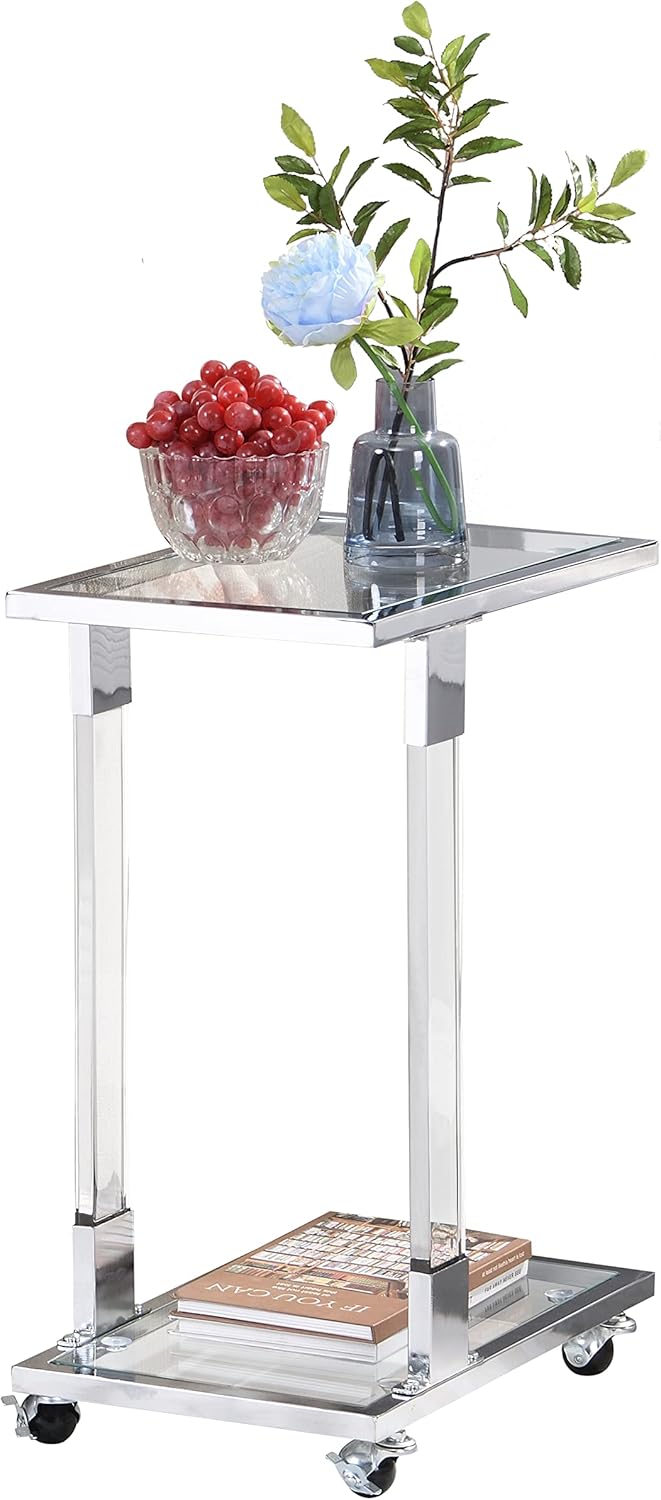 Acrylic Sofa Side Table C Shaped End Table with Wheels, Rolling Bedside Lapto...