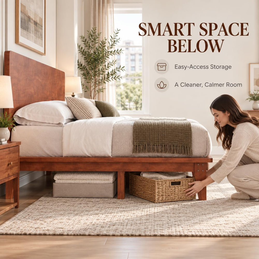 Queen Size Japanese Wooden Bed Frame with Brown Headboard
