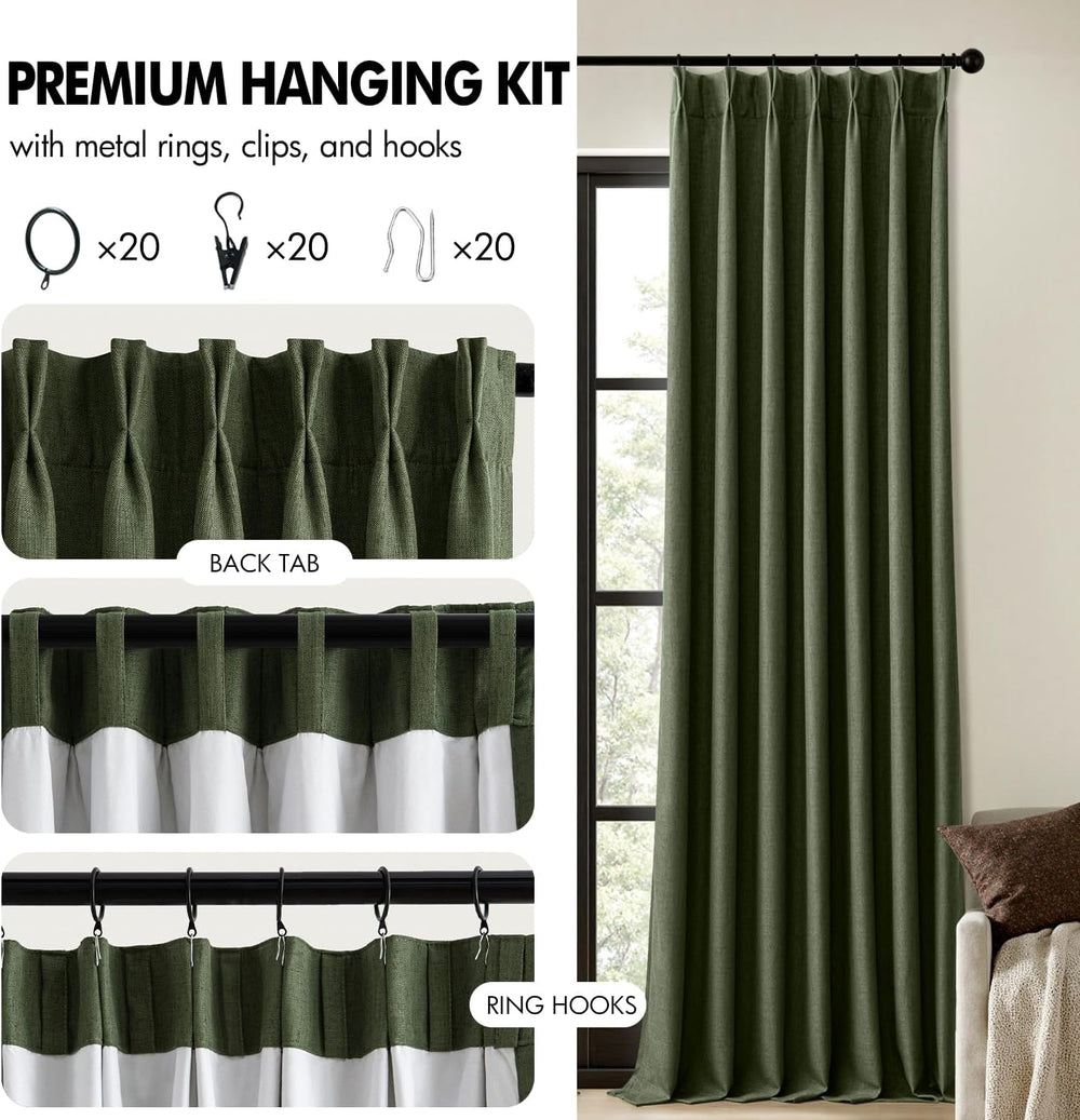 MIULEE Olive Green Pinch Pleated 100% Blackout Linen Curtains 40x90 Inches