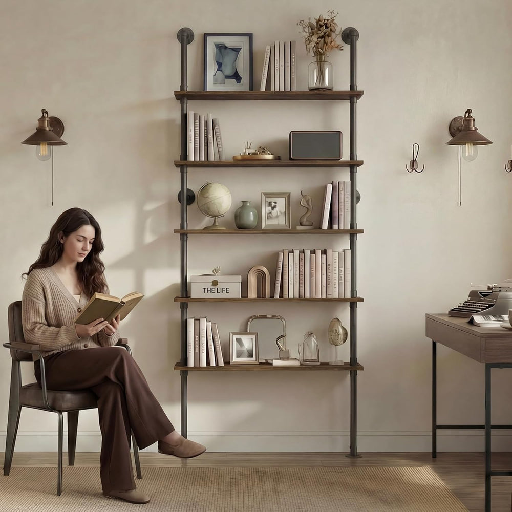 Merapi 5 Tier Rustic Industrial Pipe Floating Wall Shelves | Wall Mounted She...