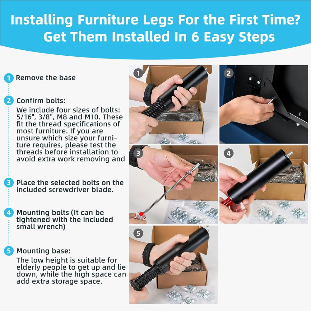 Adjustable 8-12 inch Furniture Legs Metal Replacement Heavy Duty Leg 5/16&quo...