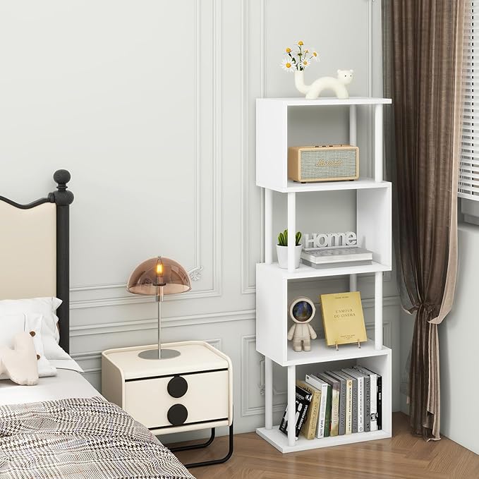 IBUYKE 5-Tier Tall Bookshelf,S-Shaped Geometric Bookcase, Wood Display Shelves with Storage,Modern Bookshelf for Living Room Bedroom, Home Office, White WBC015W
