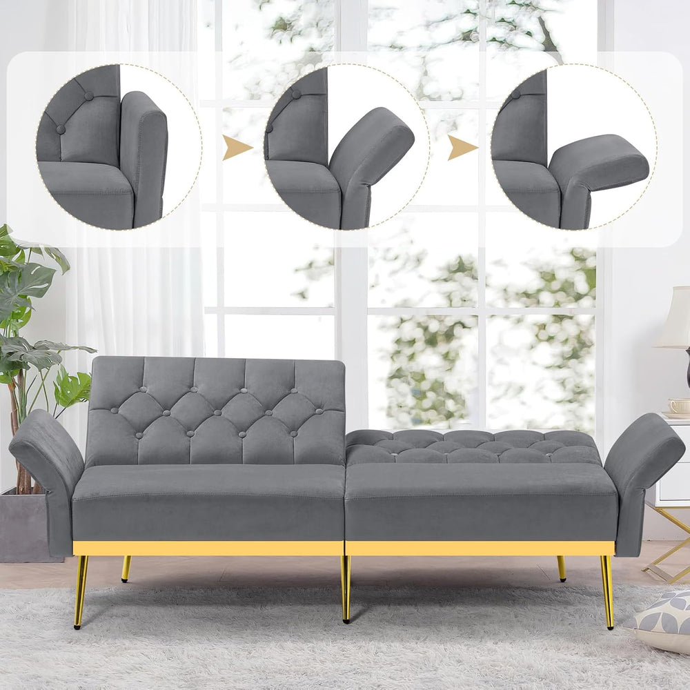 Velvet Sofa Bed w/Adjustable Armrests & Backrests, Grey
