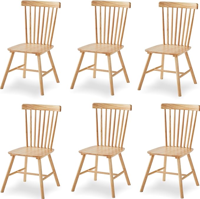 Natural Solid Wood Windsor Dining Chairs Set of 6 for Home Kitchen/Comapct Ap...