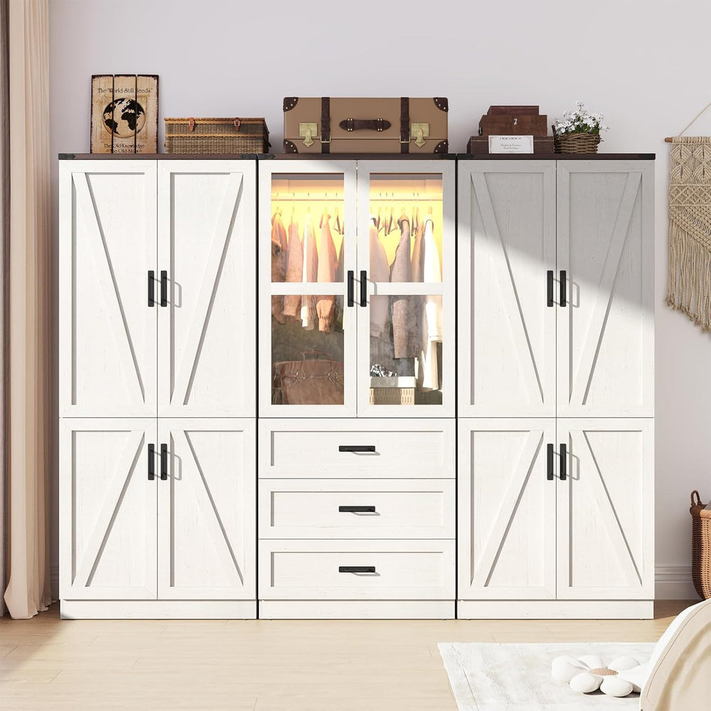 75" Tall Farmhouse 6 Doors Armoire Wardrobe Closet with 3 Drawers and LE...