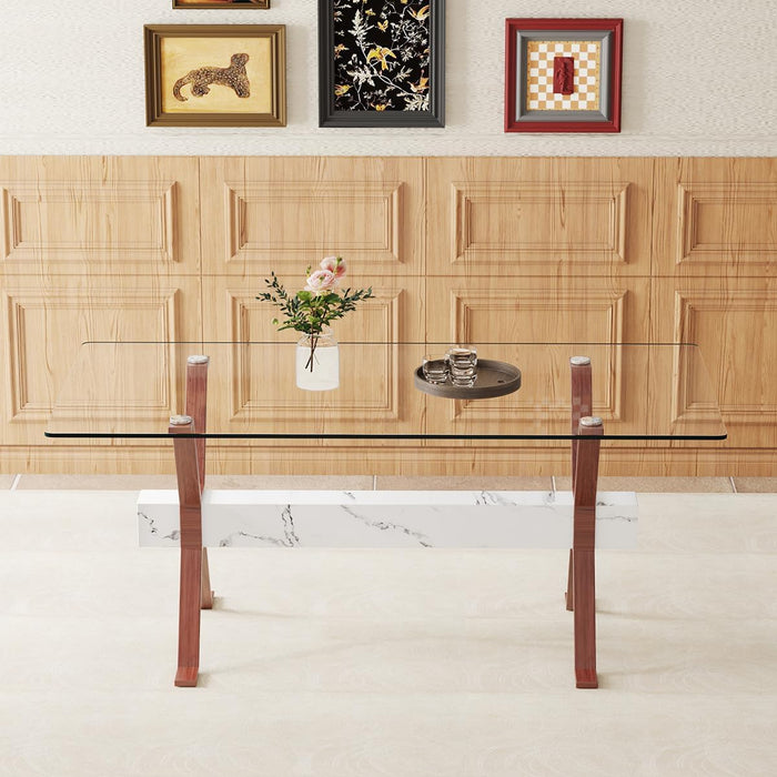Glass Dining Table 71"|Modern Dining Table for 6|0.4" Thick Tempered Glass Top|Walnut Pattern Metal Legs|Marble Crossbar|Easy Assembly|Perfect for Dining Room or Kitchen