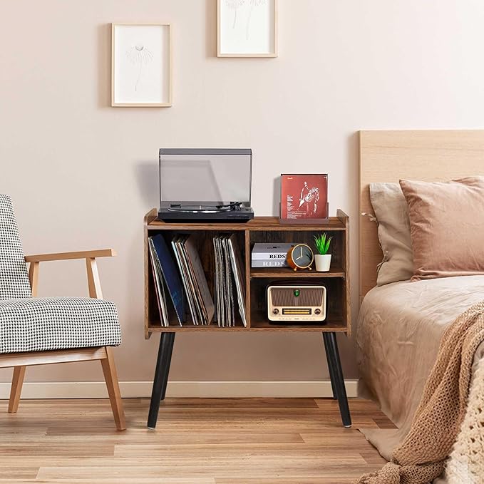Record Player Stand with Vinyl Record Storage, Mid-Century Turntable Stand fo...