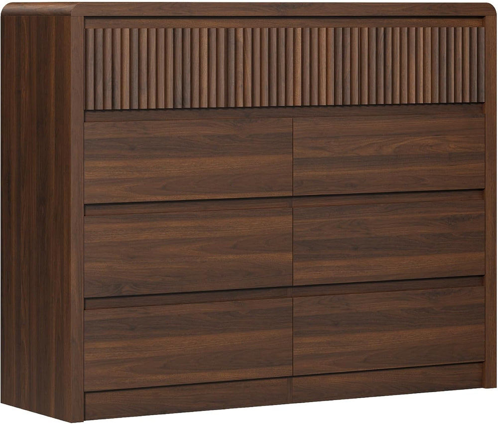 LYNSOM Walnut Fluted 9 Drawer Dresser for Bedroom, Curved Edge, 50" Wide