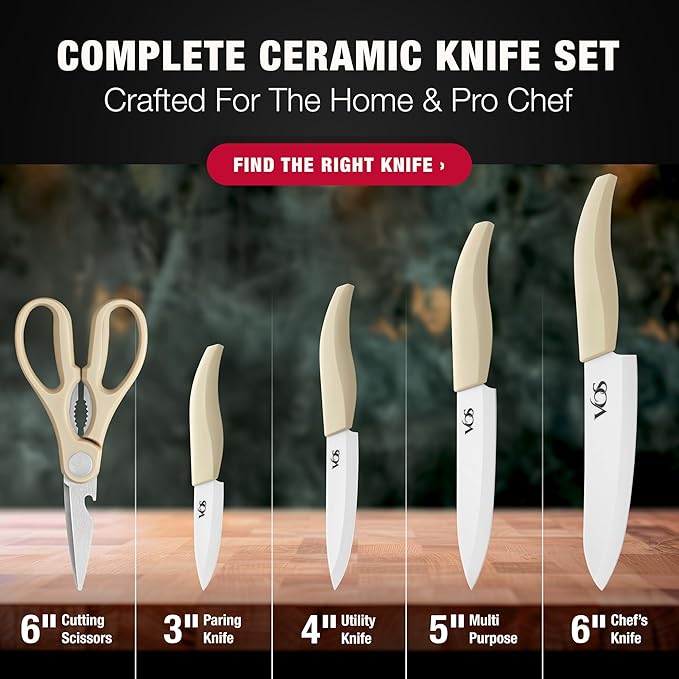 Vos ceramic knives set for kitchen in gift box, 5 ceramic knife
