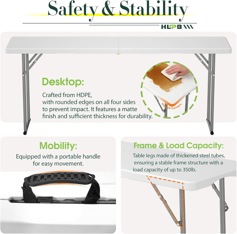 6 ft Narrow Folding Table, Tabletop Fold-in-Half with Handle & Safety Locks