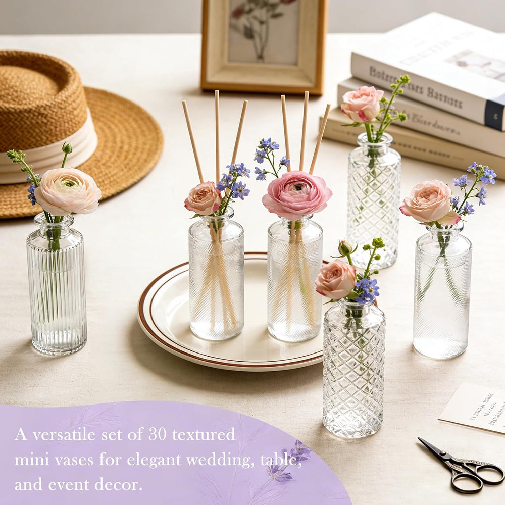Glass Bud Vases 30 Pack, Small Clear Flower Vases for Centerpieces in Bulk