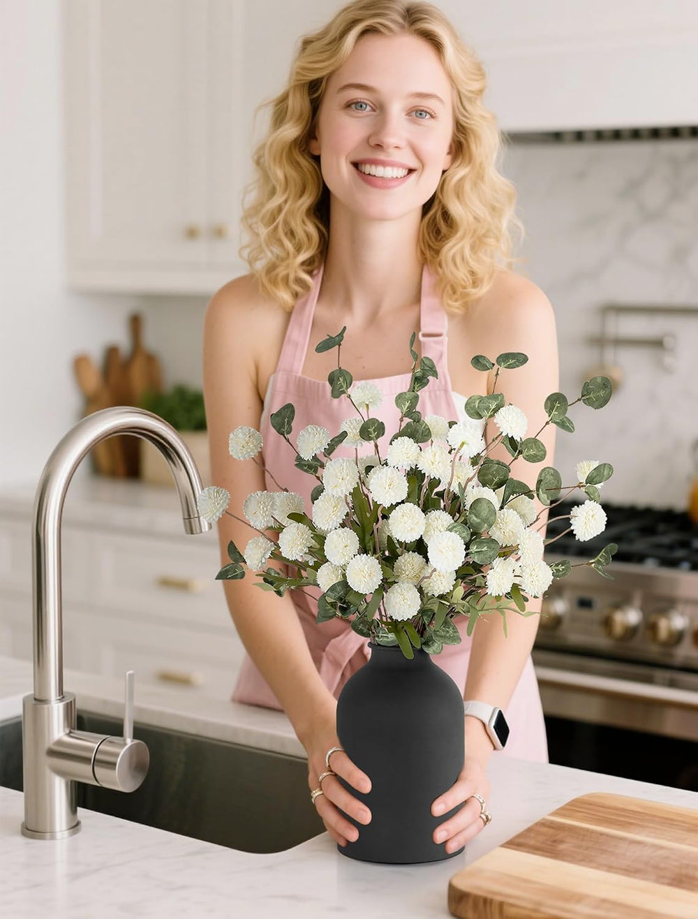 BLOSMON Fake Mum Flowers in Vase, White Dining Table Centerpiece Decor