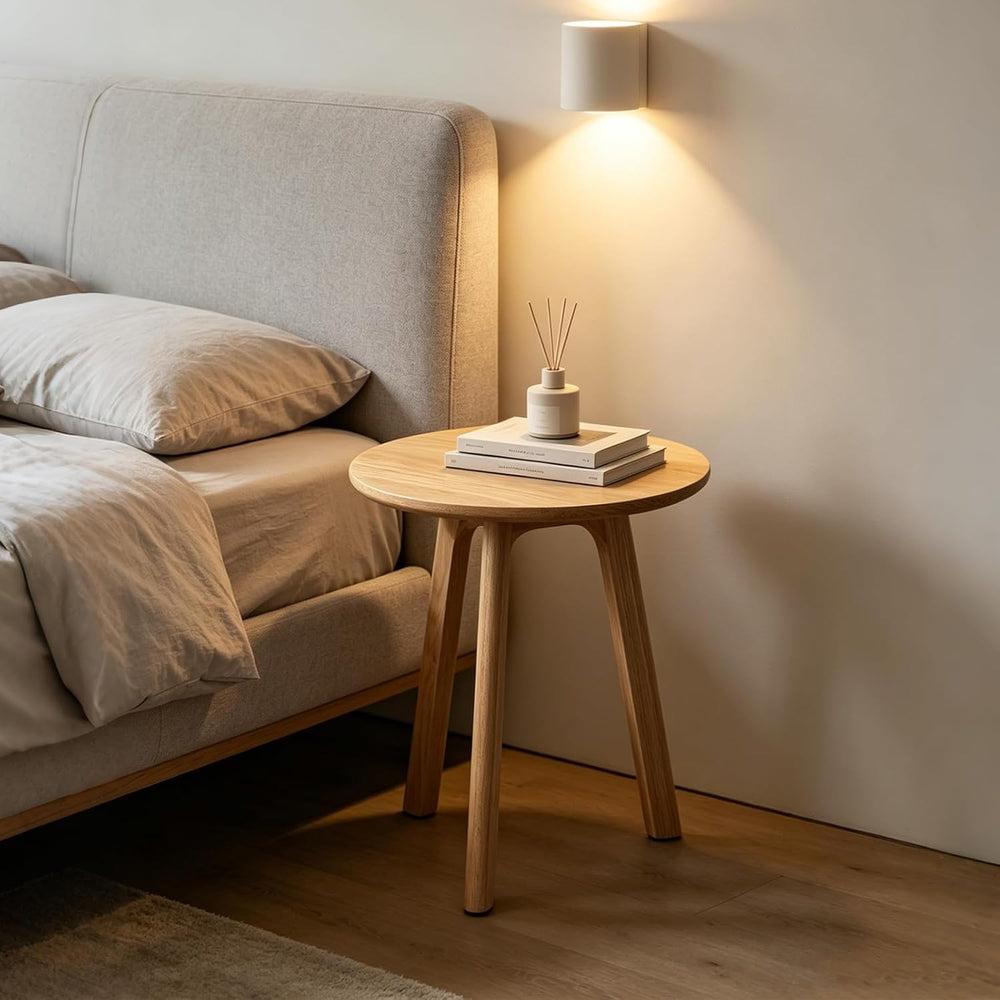 Natural Oak Round Side Table, End Table with 3 Legs