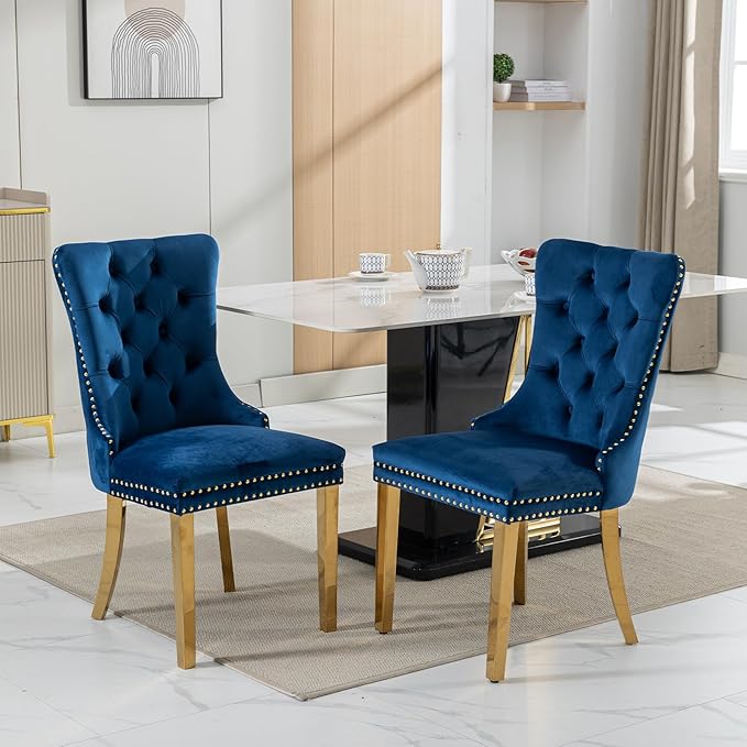 Mid Century Modern Dining Chairs Set of 4, Blue Velvet Upholstered Tufted Bac...