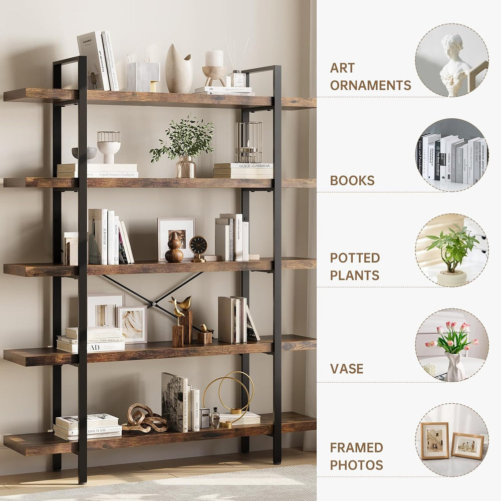 2PCS Heavy Duty 5 Tier Industrial Bookcase for Home Office, Rustic Brown | 47...