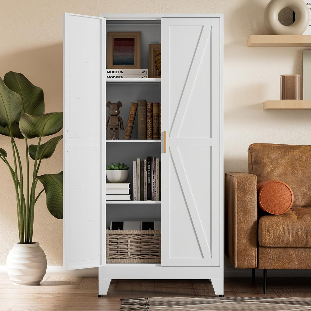 COFaR White Farmhouse Storage Kitchen Pantry Cabinet with 2 Barn Door, 3 Adju...