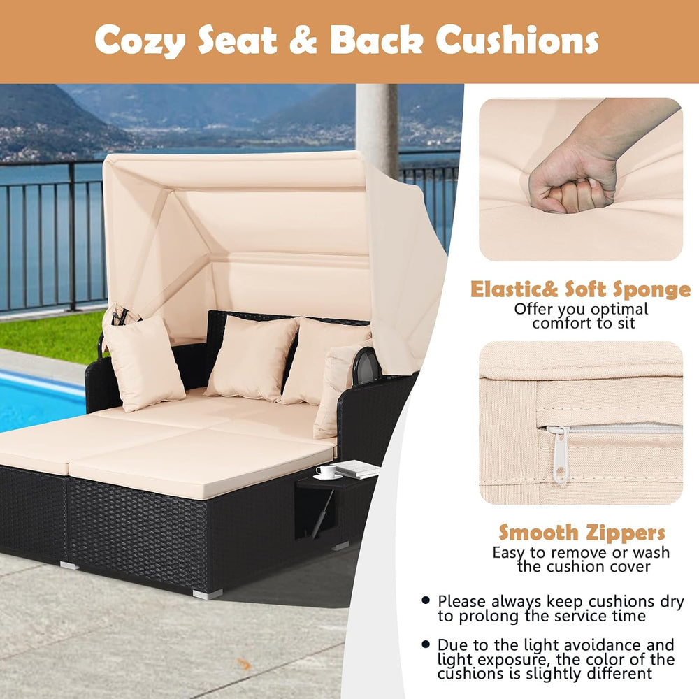 Tangkula Patio Rattan Daybed with Retractable Canopy, Outdoor Wicker Sunbed L...