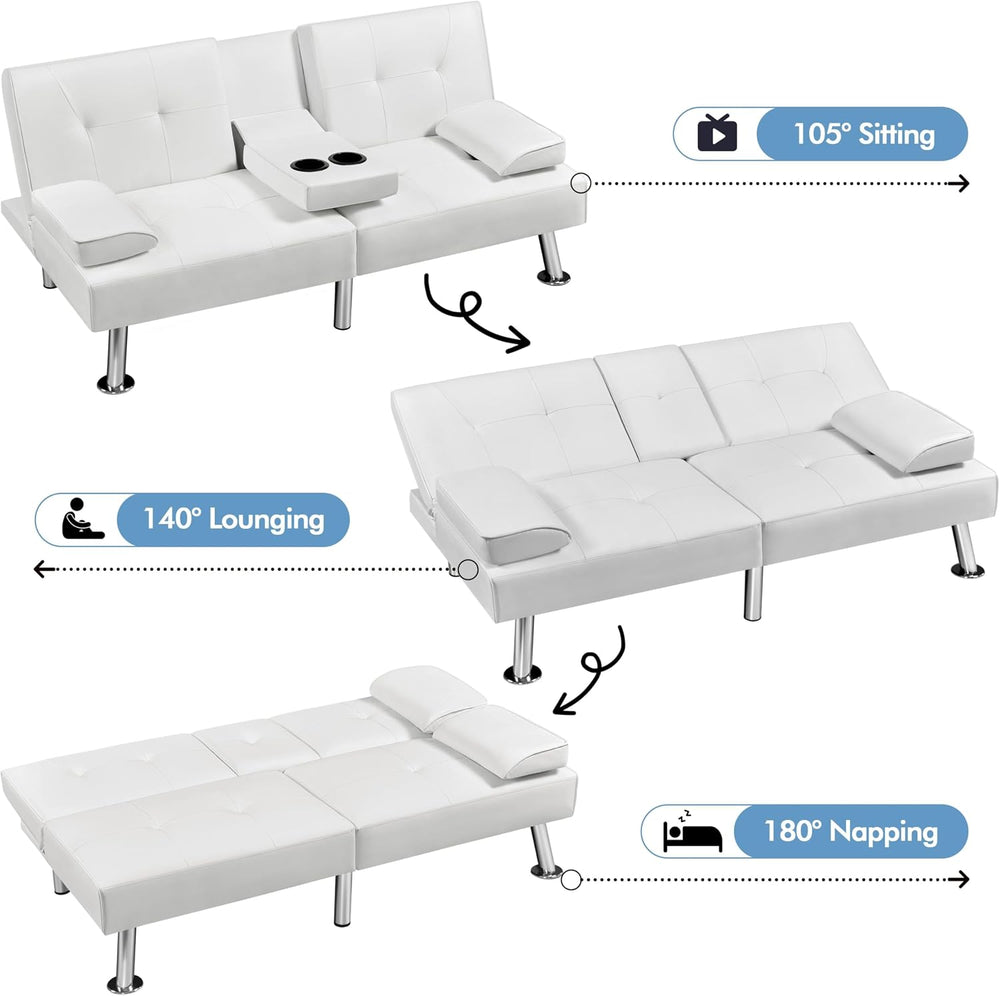 Yaheetech Convertible Futon Sofa Bed Loveseat with Cup Holder, White