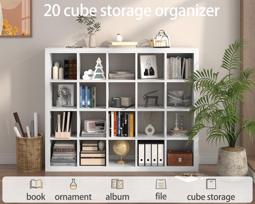 Sturdy Wooden Bookshelf with Storage Bins - 20-Cube Organizer, Multifunctiona...